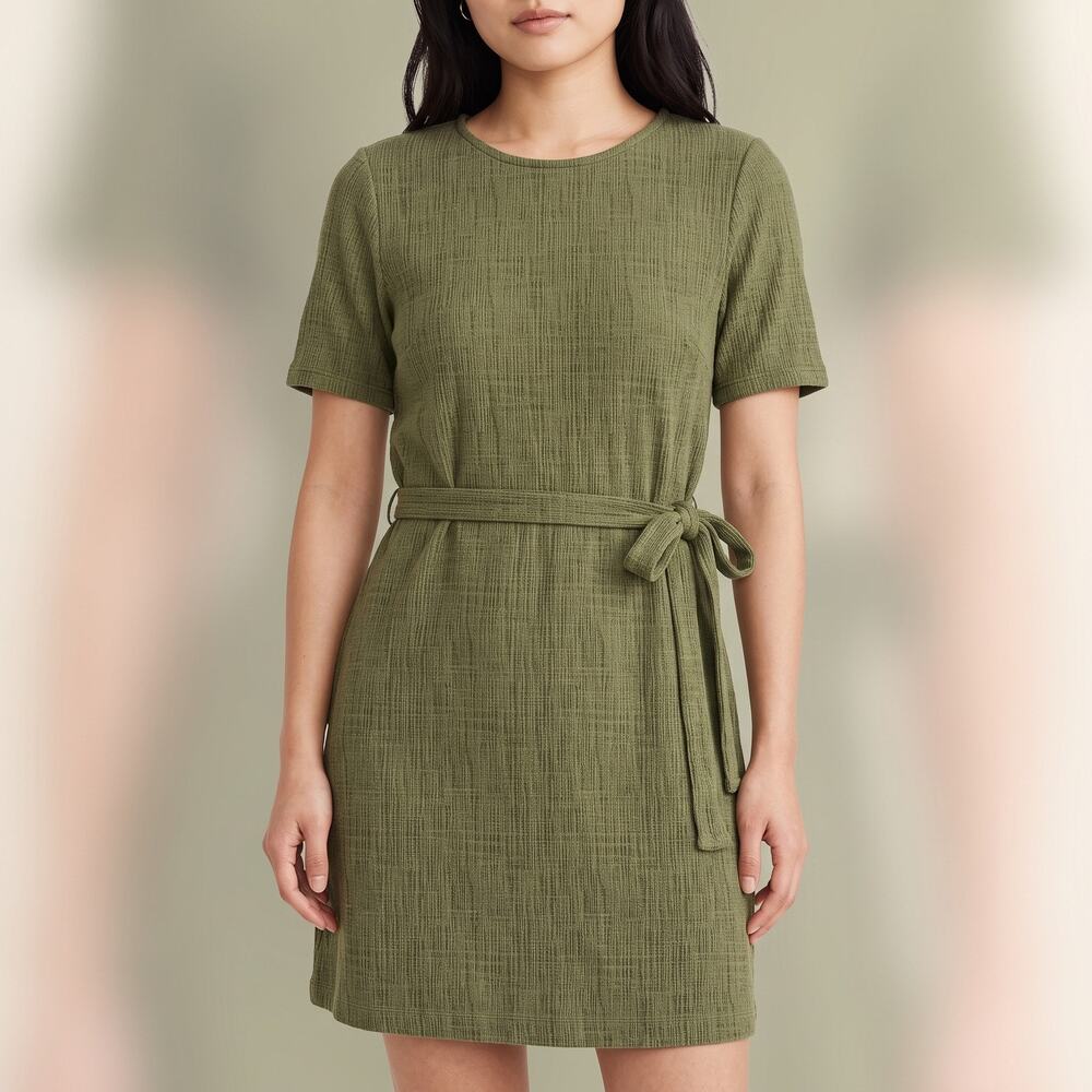 Madewell Women's Textured Knit Mini Dress Olive Green Tie Waist Casual XS